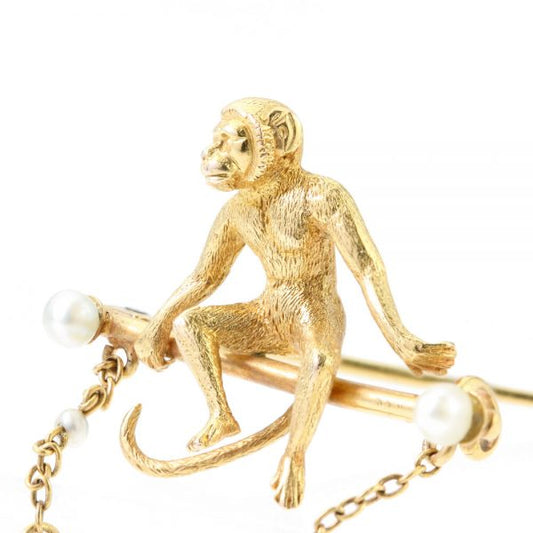 Art Deco 18ct Yellow Gold Monkey Brooch with Pearls