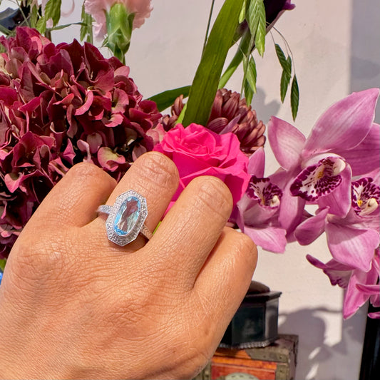 Contemporary 14 Carat White Gold Blue Topaz and Diamond Ring