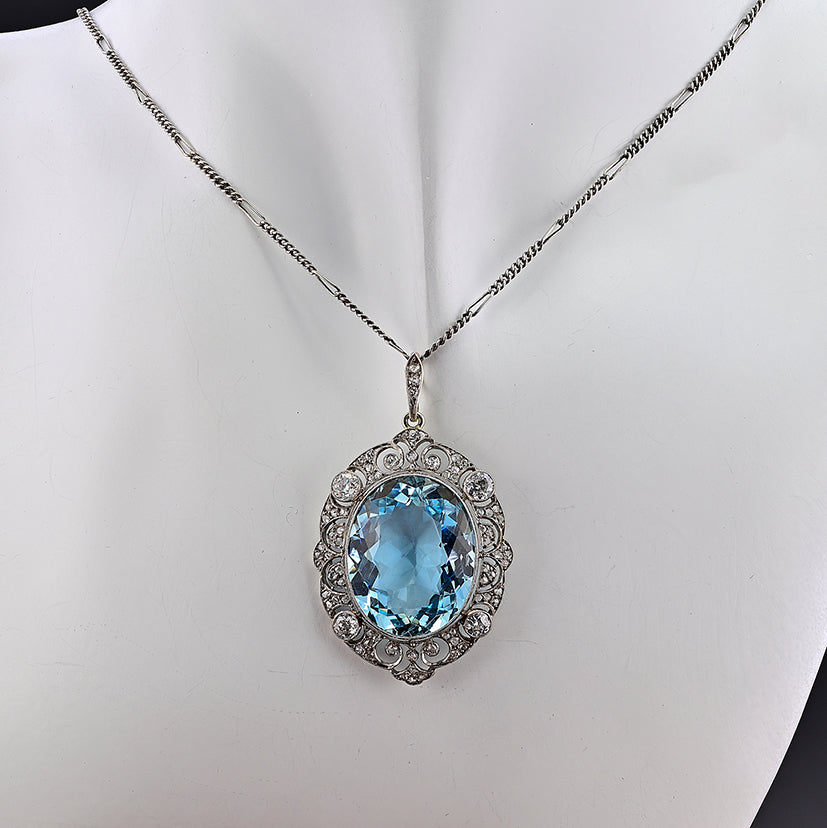 Edwardian Belle Epoque Antique Natural No Heat 20.30ct Oval Aquamarine and Diamond Cluster Pendant