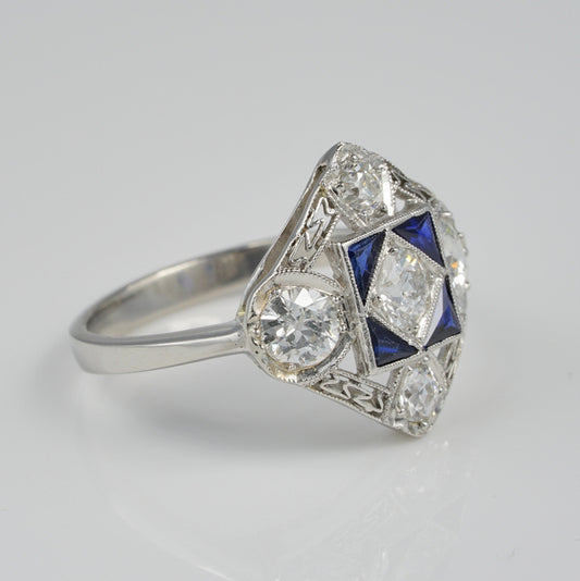 Art Deco 1.5ct Diamond and Sapphire Dress Ring in Platinum