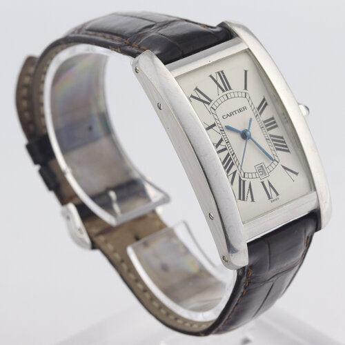 Cartier Tank Americaine 18ct White Gold 1741 Automatic, white guilloche dial, Roman numerals, blue steel hands, date indicator, sapphire crown, sapphire crystal, On a Cartier brown leather strap with 18ct white gold buckle. With Cartier box and papers, Circa 2004
