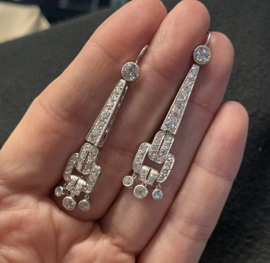 Art Deco Old Cut Diamond Drop Earrings in Platinum, 3.72 carats