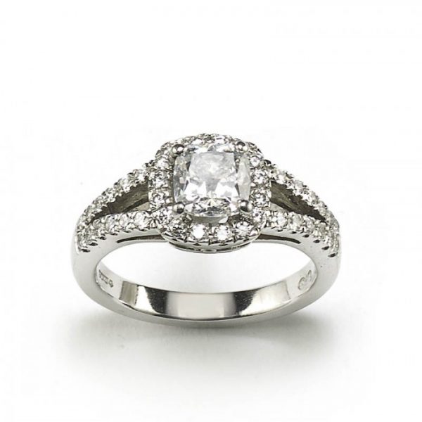 1.01ct Cushion Cut Diamond Cluster Ring; with diamond surround and diamond set split shoulders, in platinum, colour D, with GIA certificate.