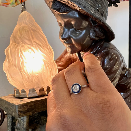 Platinum Old Mine-Cut Diamond and Sapphire Halo Cluster Ring, 0.80 Carat