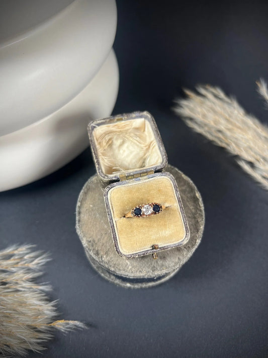 Antique 18ct Rose Gold, Victorian Sapphire & Diamond Three Stone Gypsy Ring
