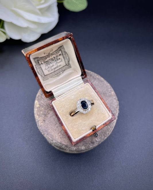 Antique 18ct Gold & Platinum, 1920s Sapphire and Diamond Oval Cluster Ring