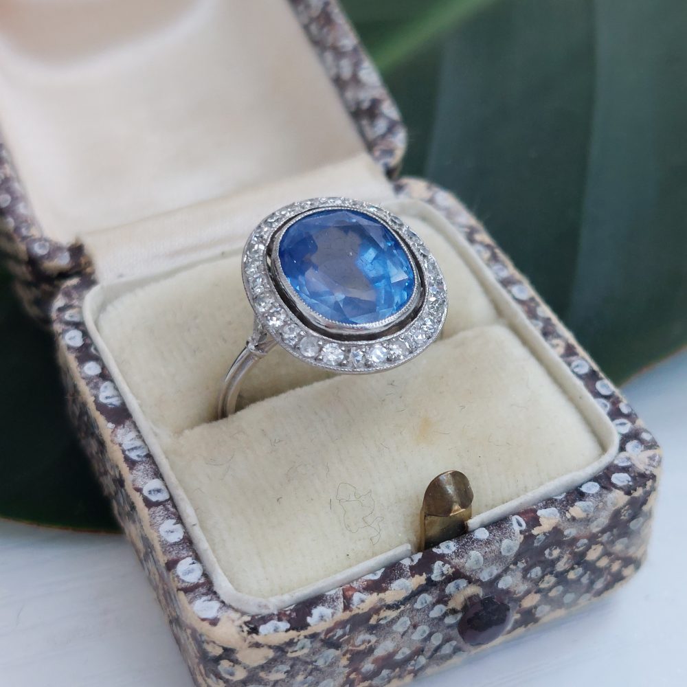 Vintage Art Deco 6ct Ceylon Sapphire and Diamond Cluster Ring