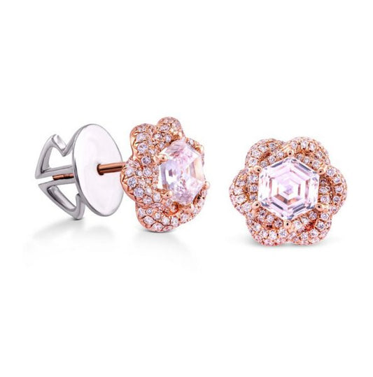 Hexagon Diamond Flower Stud Earrings, 2.01 carat total, 18ct Rose Gold