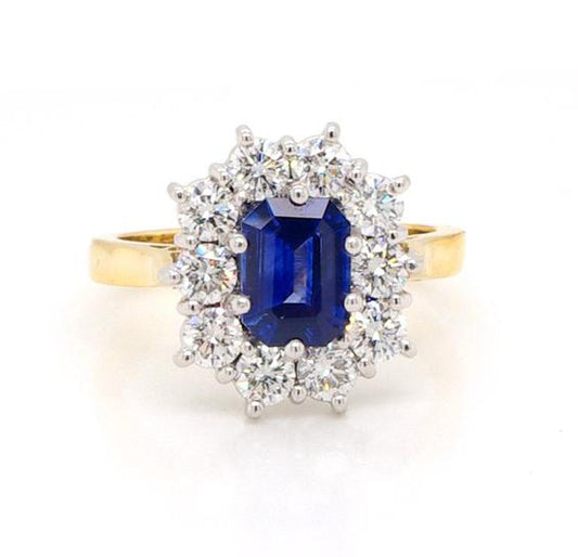 Emerald Cut 1.18ct Sapphire and Diamond Cluster Ring, in 18ct gold.