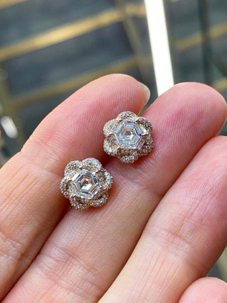 Hexagon Diamond Flower Stud Earrings, 2.01 carat total, 18ct Rose Gold