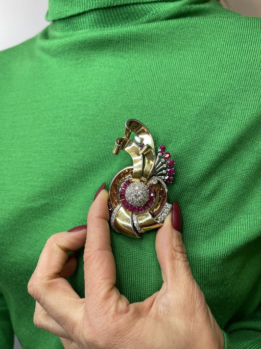 Vintage 1940s Retro 3.20ct Ruby 3.60ct Diamond Gold Floral Spray Brooch