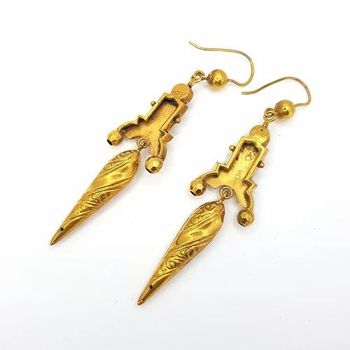 Antique Victorian Turquoise Set 9ct Yellow Gold Escutcheon Drop Earrings