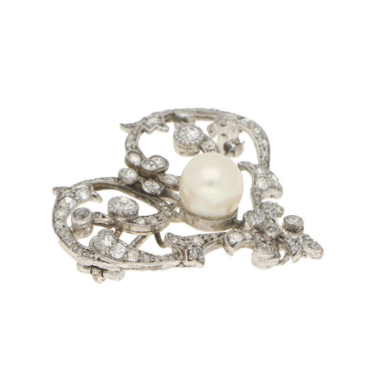 Antique Edwardian Pearl and Diamond Openwork Heart Brooch