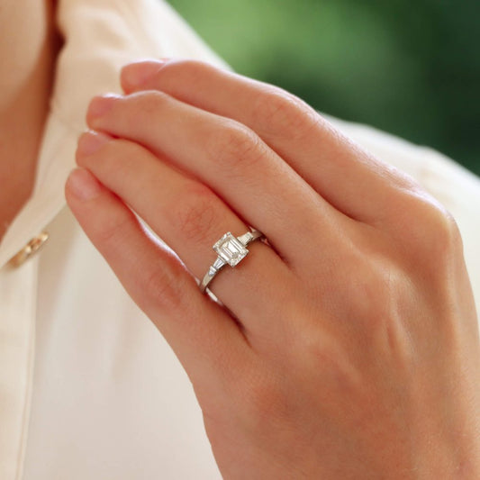 Vintage GIA Certified 1.16ct Emerald Cut Diamond Engagement Ring with Trapezoid Shoulders in Platinum