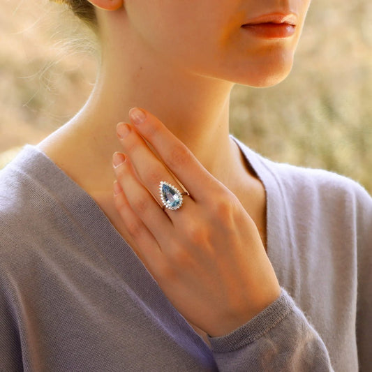 4.85ct Pear Cut Aquamarine and Diamond Cluster Cocktail Ring