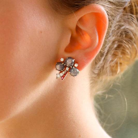 Sapphire, diamond and ruby clover stud earrings set in platinum