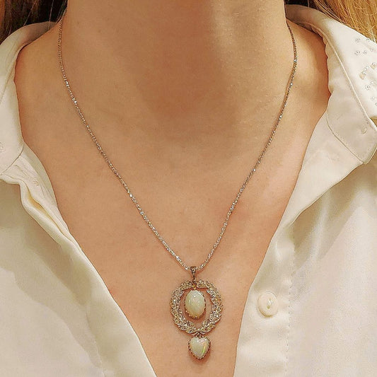 Antique Belle Epoque Opal and Diamond Wreath Pendant