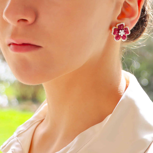 14.38ct Ruby and Diamond Floral Motif Cluster Earrings