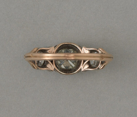 Antique Victorian Old Cut Diamond Three Stone Ring, 1.38 carat total, tulip design to mount, in silver and 18ct rose gold