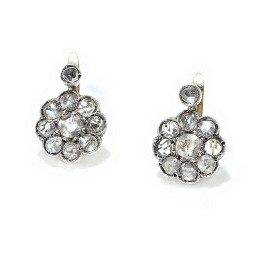 Antique Victorian Rose Cut Diamond Cluster Drop Earrings, 7.40 carat total