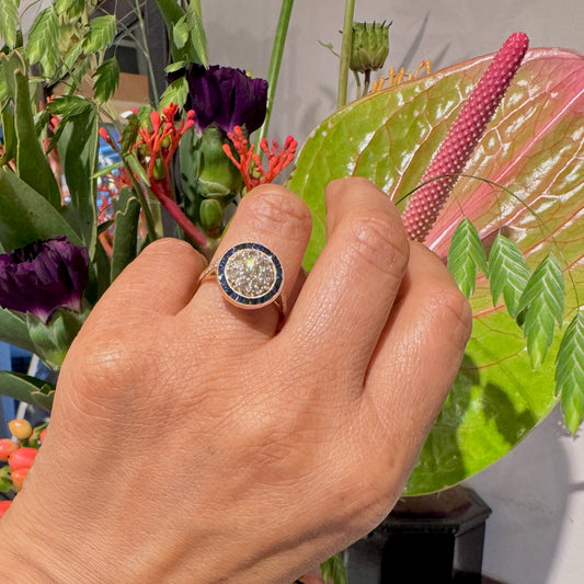 1.20ct Old Mine Cut Diamond and Calibre Sapphire Halo Cluster Target Ring