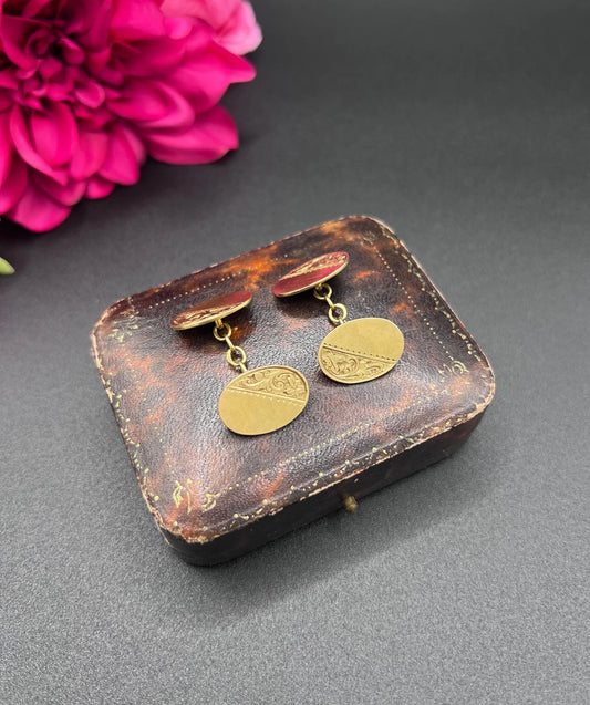 Antique 18ct Yellow Gold Cufflinks: Edwardian Floral Design, Birmingham 1919