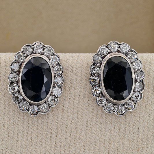 Vintage 8.40ct Natural Sapphire and Old European Cut Diamond Cluster Clip Earrings