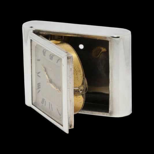 Antique Cartier Sterling Silver Clock, sterling silver case and manual winding movement, in original box, J.C Jacques Cartier, London Import Hallmark Dated 1929