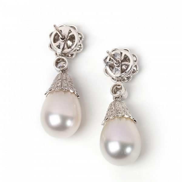Edwardian Style South Sea Pearl and Diamond Convertible Drop Earrings in Platinum, 1.65 carats