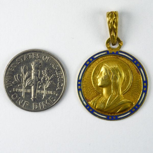 Vintage French 18ct Gold and Blue Enamel Virgin Mary Pendant