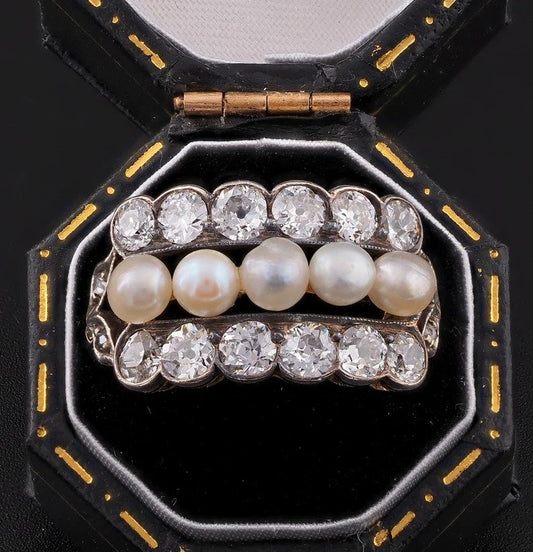 Art Deco Natural Pearl and 1.90ct Old Mine Cut Diamond Dress Ring