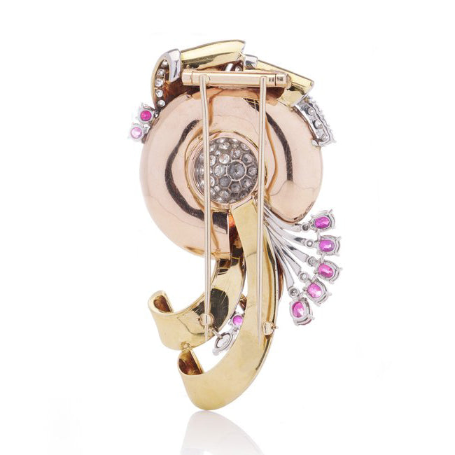 Vintage 1940s Retro 3.20ct Ruby 3.60ct Diamond Gold Floral Spray Brooch