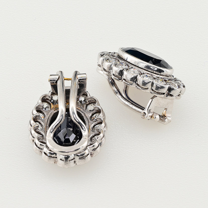 Vintage 8.40ct Natural Sapphire and Old European Cut Diamond Cluster Clip Earrings