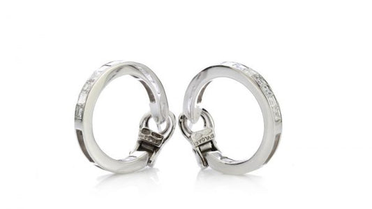 Bvlgari Princess Cut Diamond Hoop Earrings; channel set with square cut diamonds, 1.80 carat total, in 18ct white gold
