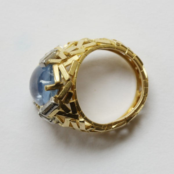Vintage Grima Cabochon Ceylon Sapphire, Diamond Ring, 18ct Gold
