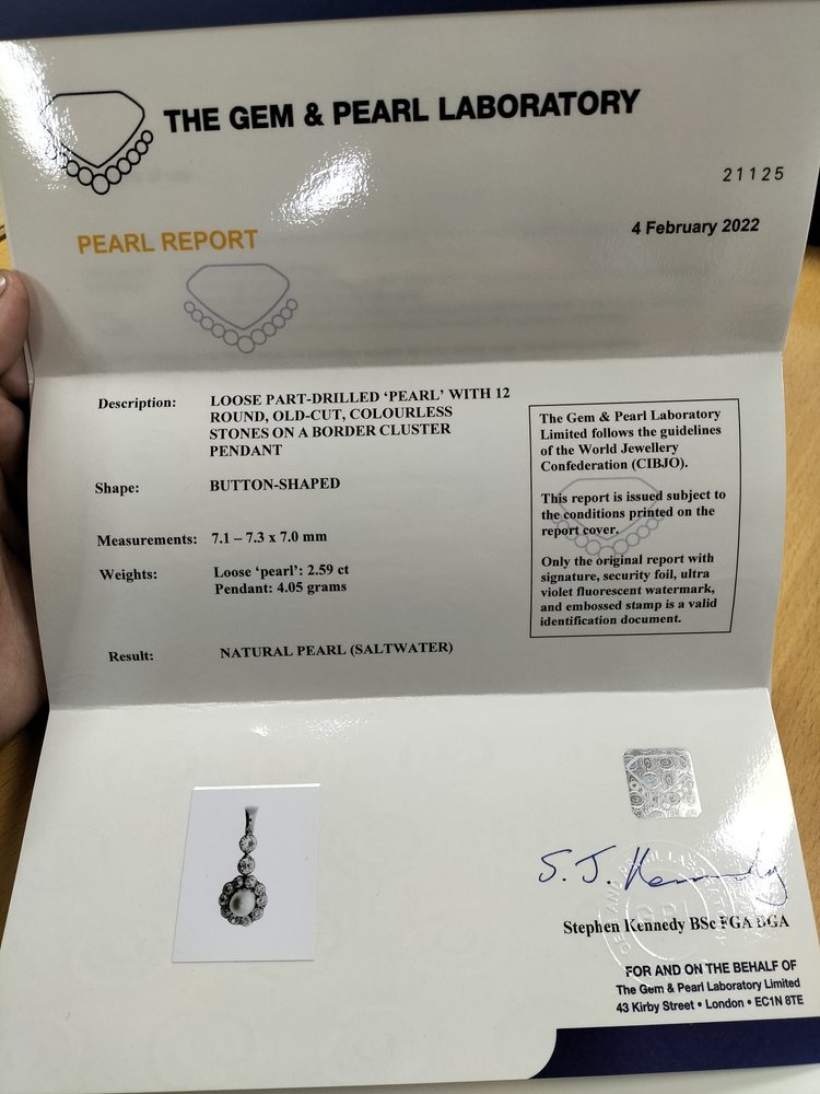 Art Deco Natural Pearl and Old Cut Diamond Cluster Pendant with Certificate