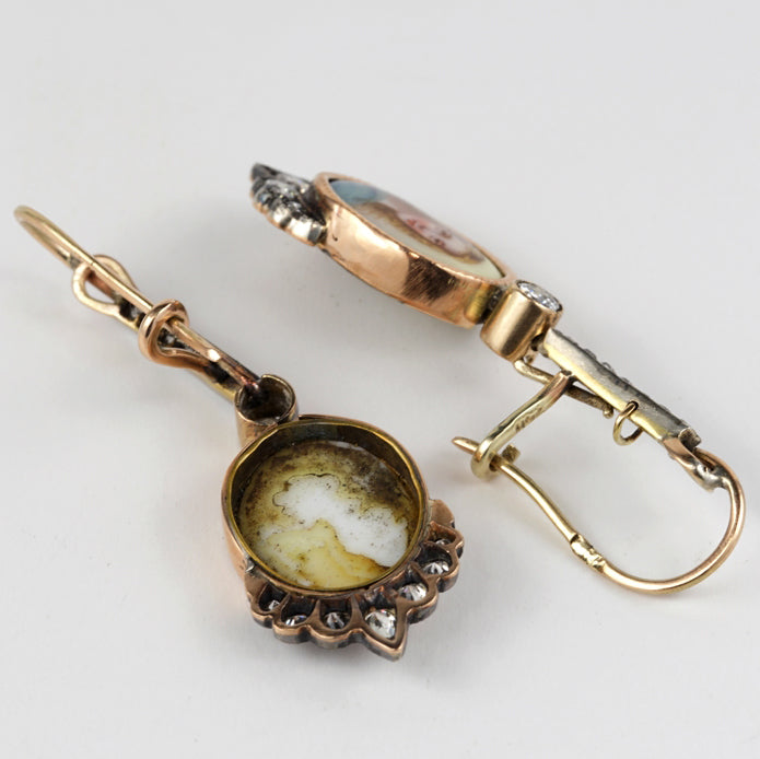 Victorian Antique Portrait Miniature and 1.40ct Old Cut Diamond Drop Earrings