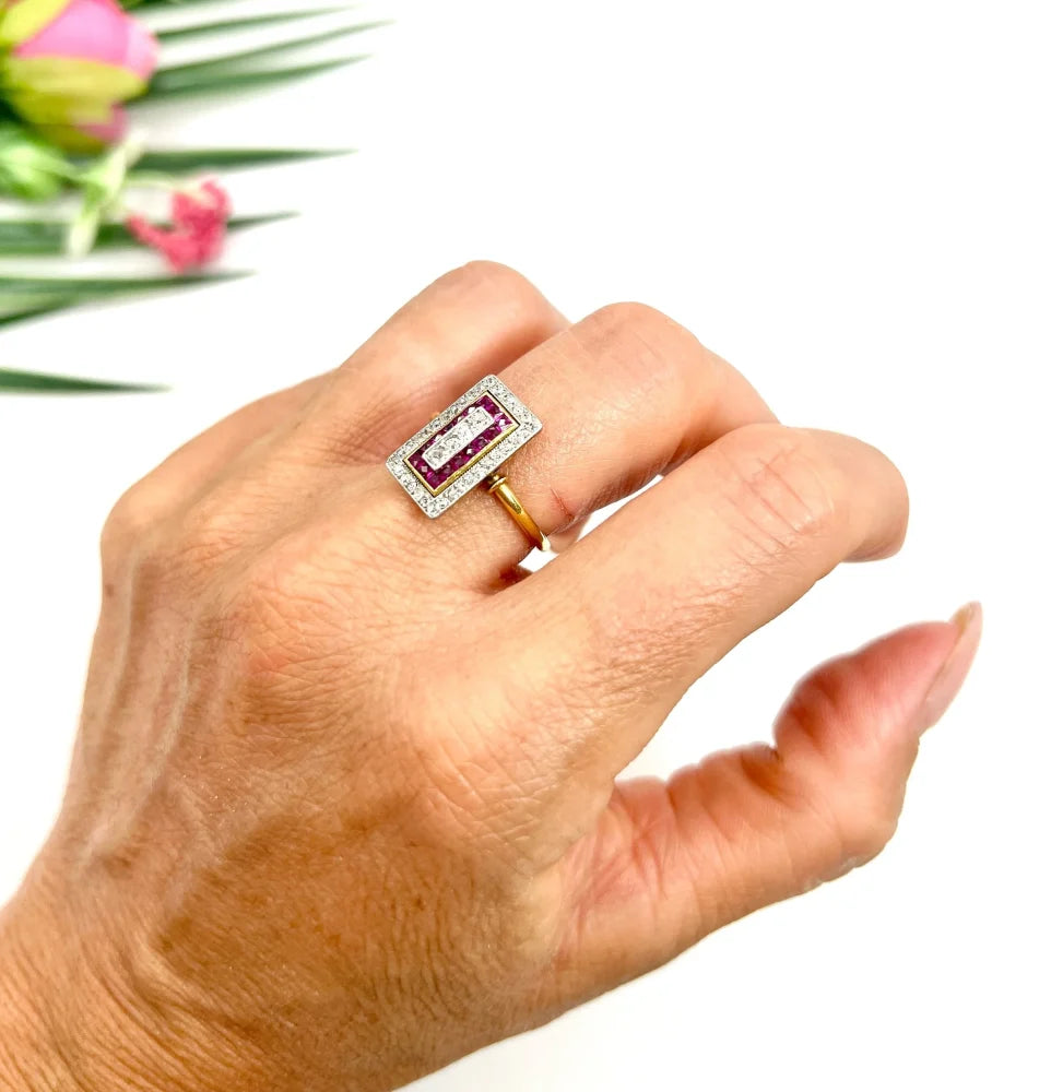 Art Deco Diamond and Ruby Cluster Tablet Ring