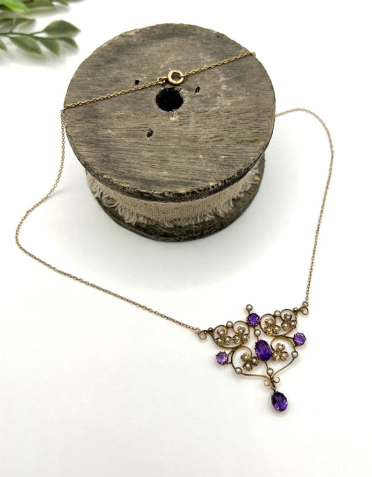 Antique 9 Carat Rose Gold Amethyst and Seed Pearl Pendant Necklace