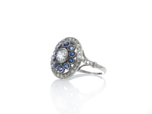 Art Deco Old Cut Diamond and Sapphire Cluster Ring in Platinum