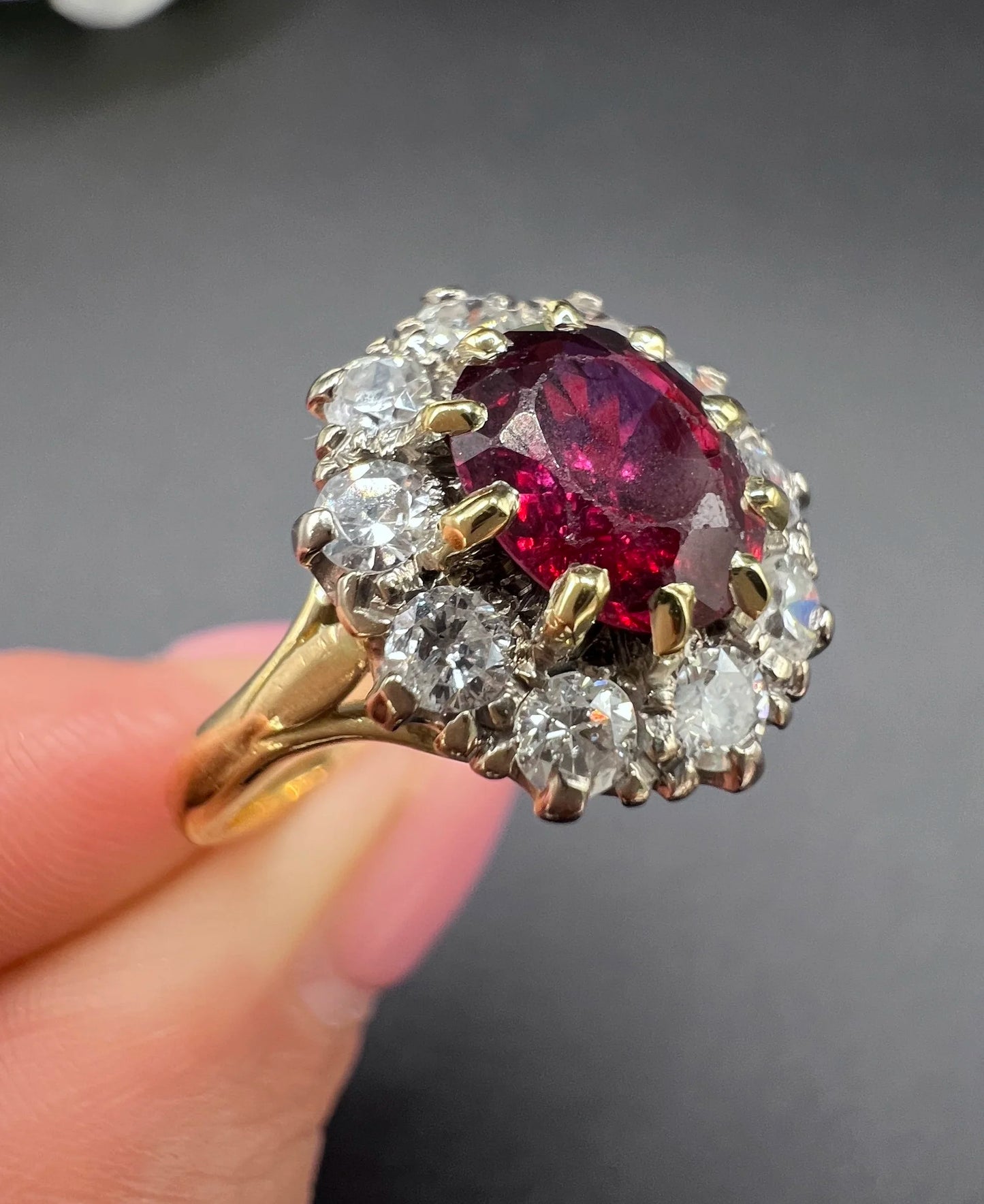 Vintage 18ct Gold, 1950s Ruby & Diamond Cluster Ring