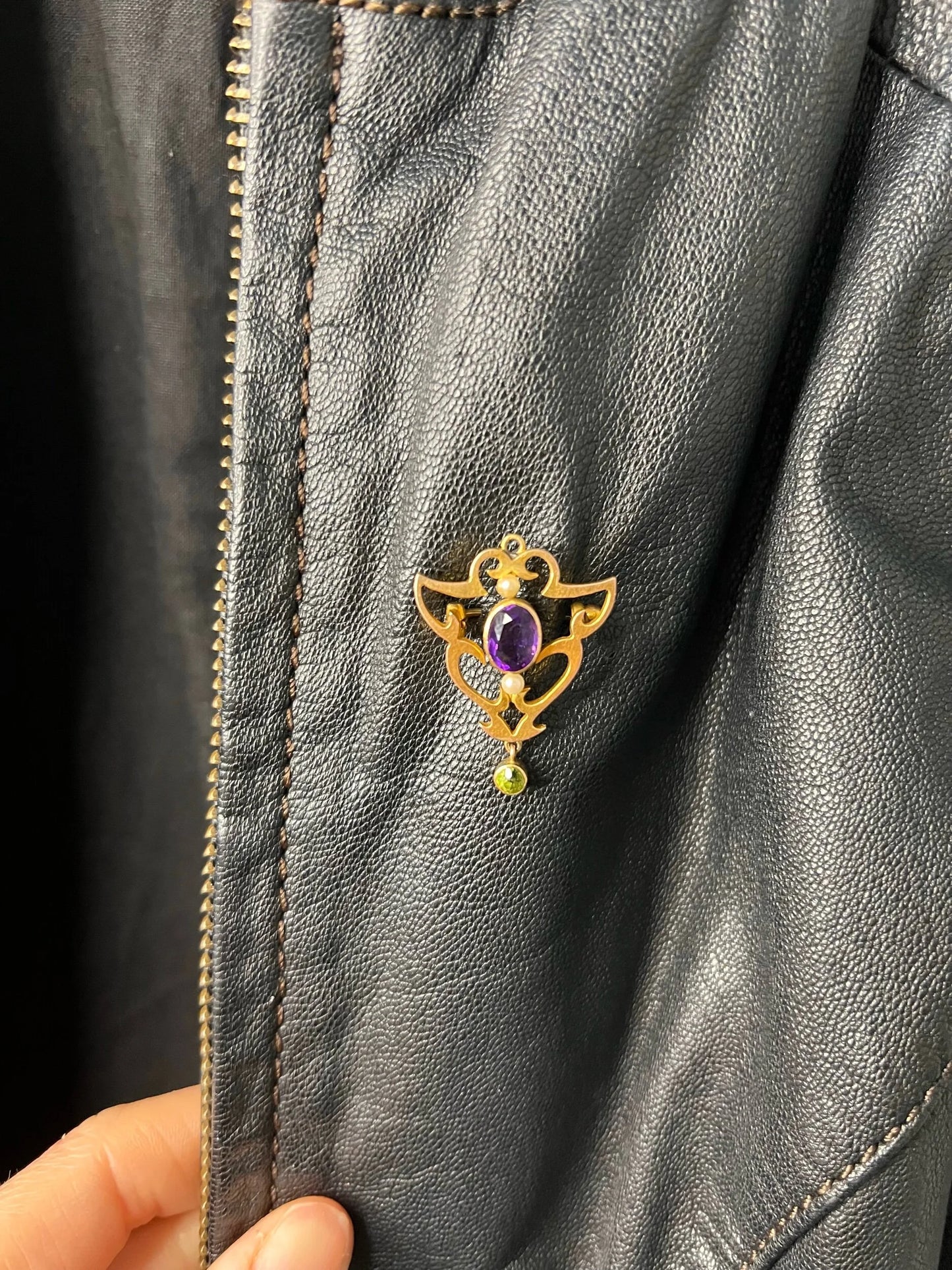 Antique 9ct Gold, Edwardian Amethyst, Pearl & Peridot Suffragette Pendant/Brooch
