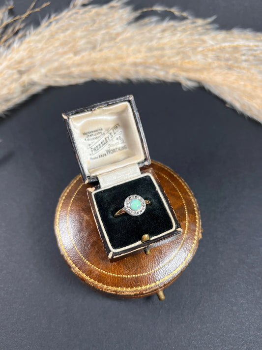 Antique 18ct Yellow Gold, Early Victorian Opal & Diamond Halo Ring