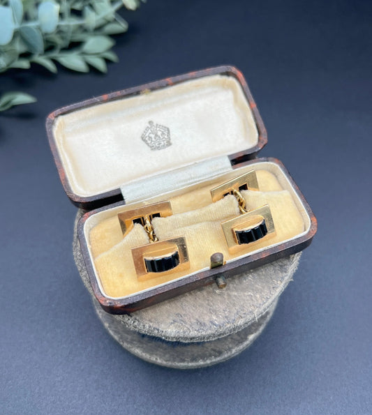 Vintage 18 Carat Yellow Gold, 1940's Onyx Rectangular Shaped Cufflinks