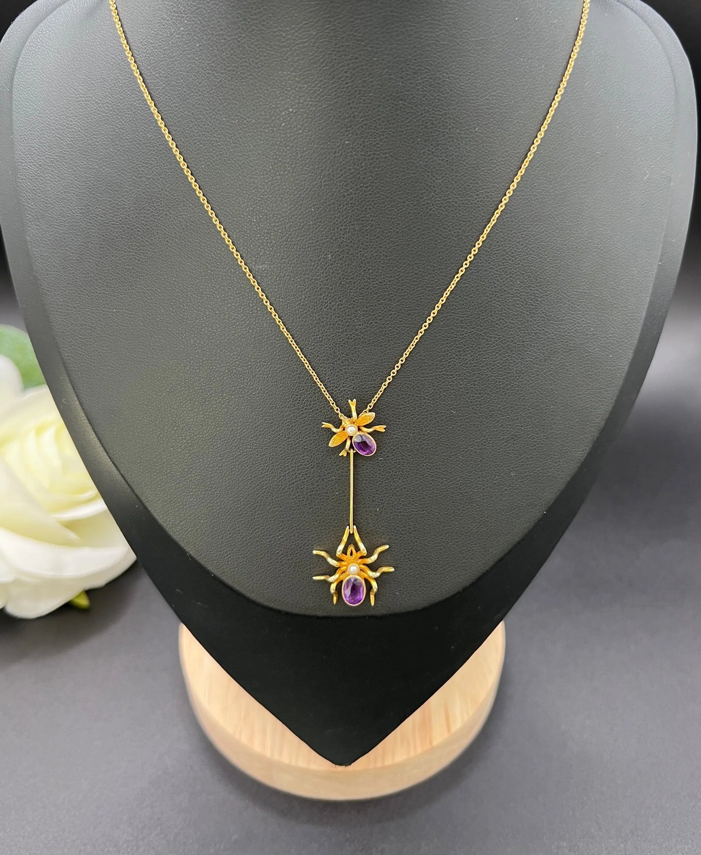 Antique 9 ct Gold, Edwardian Amethyst Spider And Fly Bug Pendant Necklace
