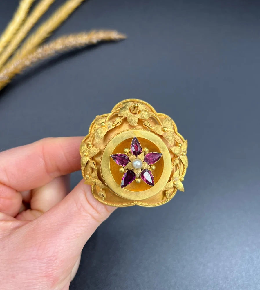 Antique Floral Etruscan Brooch In 15 Carat Yellow Gold