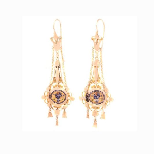 Georgian / Regency Enamel Filigree 18ct Gold Drop Earrings, Circa 1820