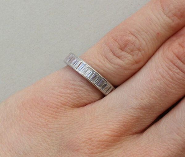 Vintage 3.08 carat Baguette Cut Diamond and Platinum Full Eternity Band Ring; set with baguette-cut diamonds, vertically set, Circa 1950, Numbered: CJ 551.