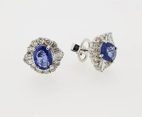 Art Deco Style Sapphire and Diamond Cluster Earrings; 2.30ct oval sapphires surrounded by 1.11cts mixed-cut diamonds, detailed 750 for 18ct