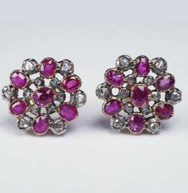 Antique Georgian Burmese Ruby and Diamond Cluster Earrings; with 1.40cts Burmese rubies and 0.72cts rose cut diamonds, in silver and gold, Circa 1820